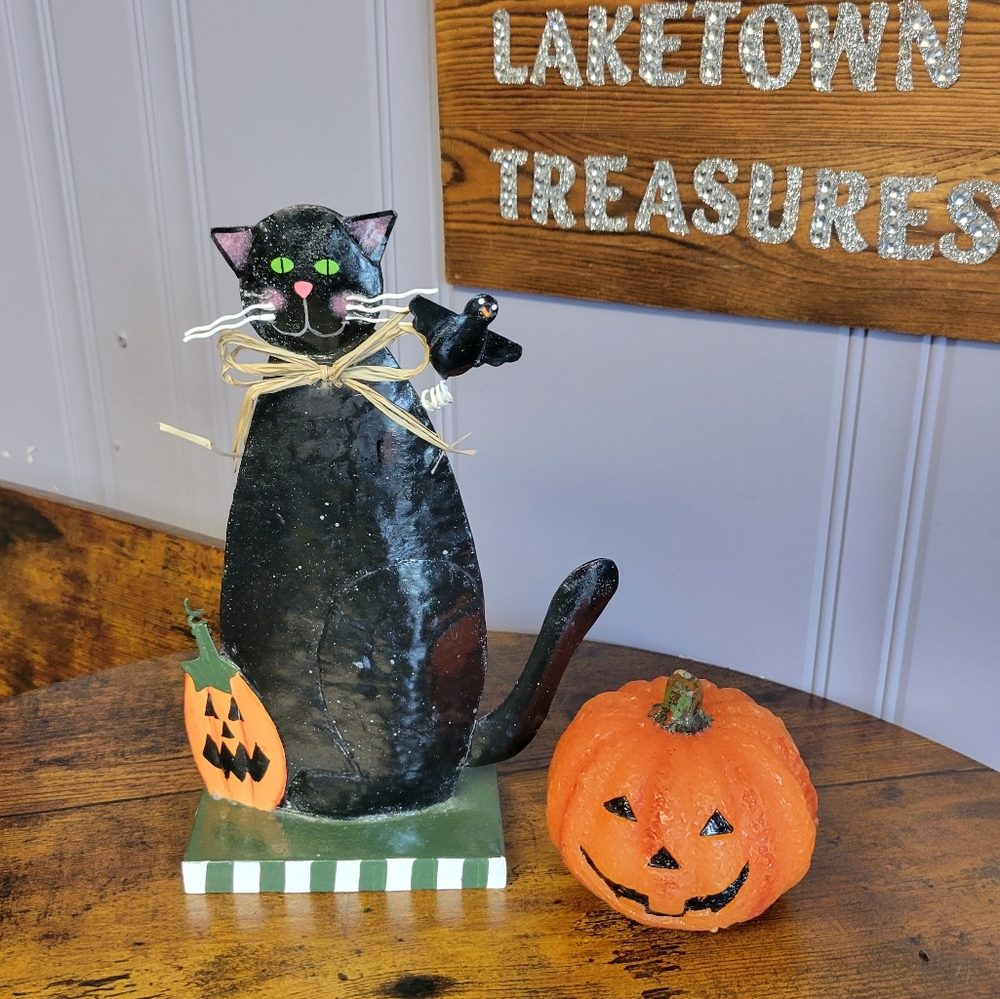 Vintage lot of 2 Halloween decorations Black Cat/Orange Pumpkin candle